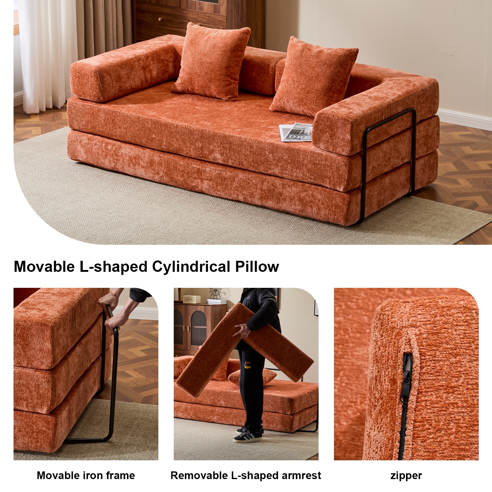 Floor Sofa Bed With Adjustable Backrest And Armrest Orange_voghion.com